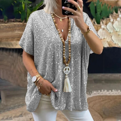 Blouse femme col en V – Top élégant à manches courtes pour été chic