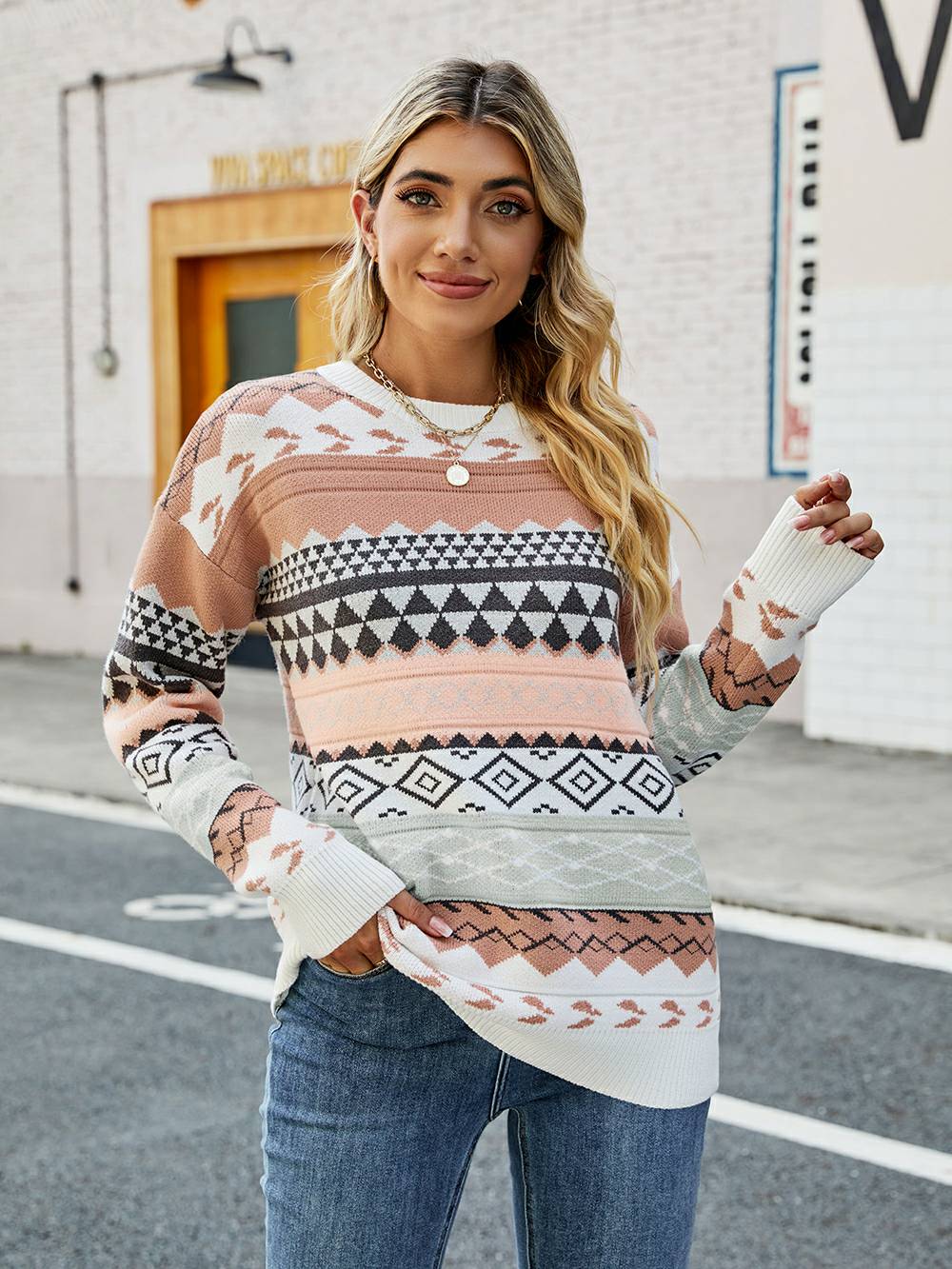 Pull géométrique femme – Pull élégant à motifs modernes et coupe confortable