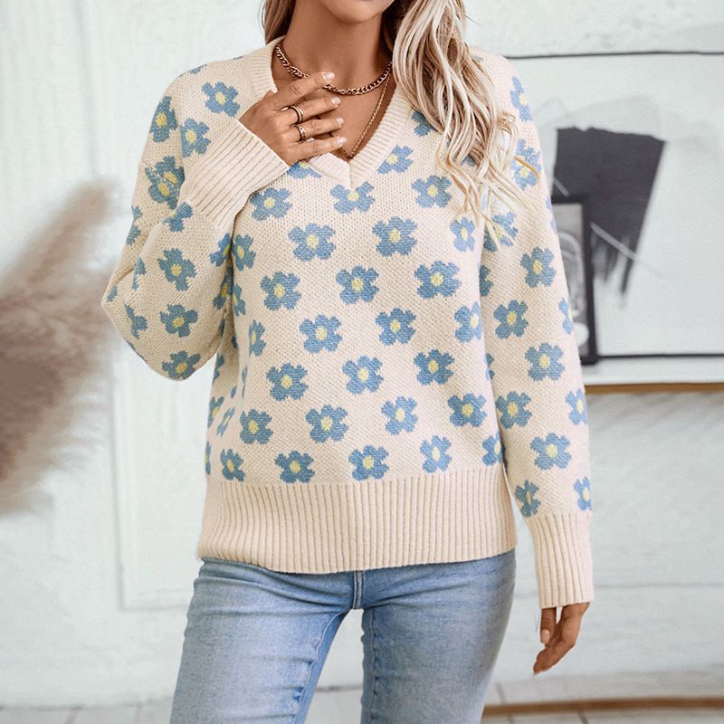 Pull fleuri femme – Pull en V élégant à motifs floraux pour toutes occasions