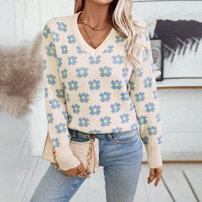 Pull fleuri femme – Pull en V élégant à motifs floraux pour toutes occasions