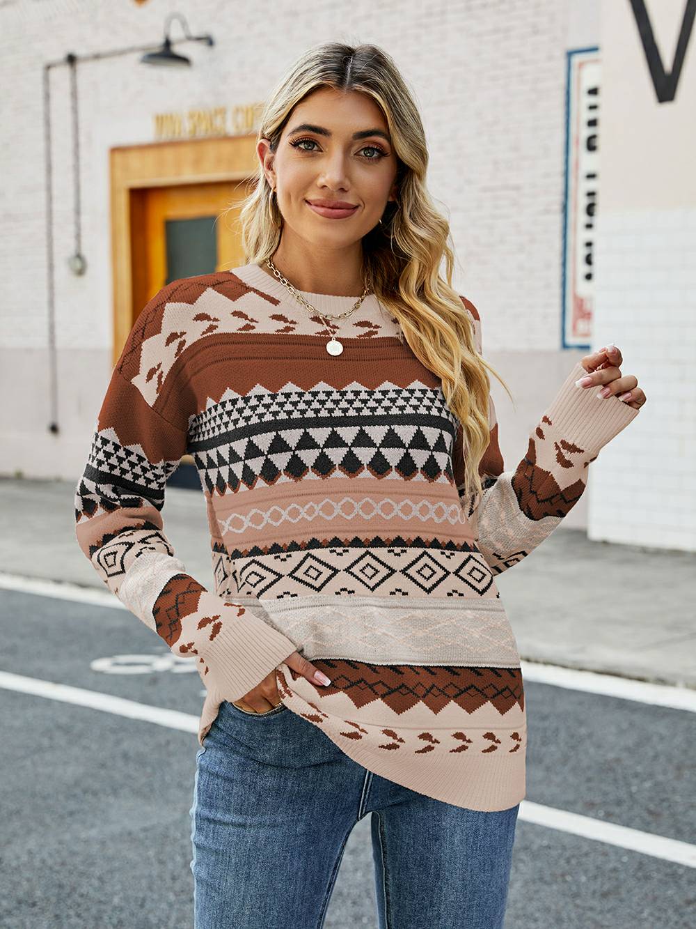 Pull géométrique femme – Pull élégant à motifs modernes et coupe confortable