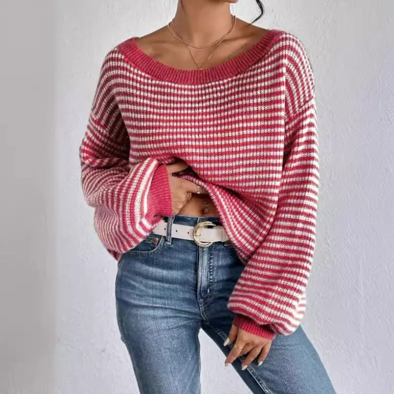 Pull tricoté à rayures femme – Pull élégant en coton doux à manches longues