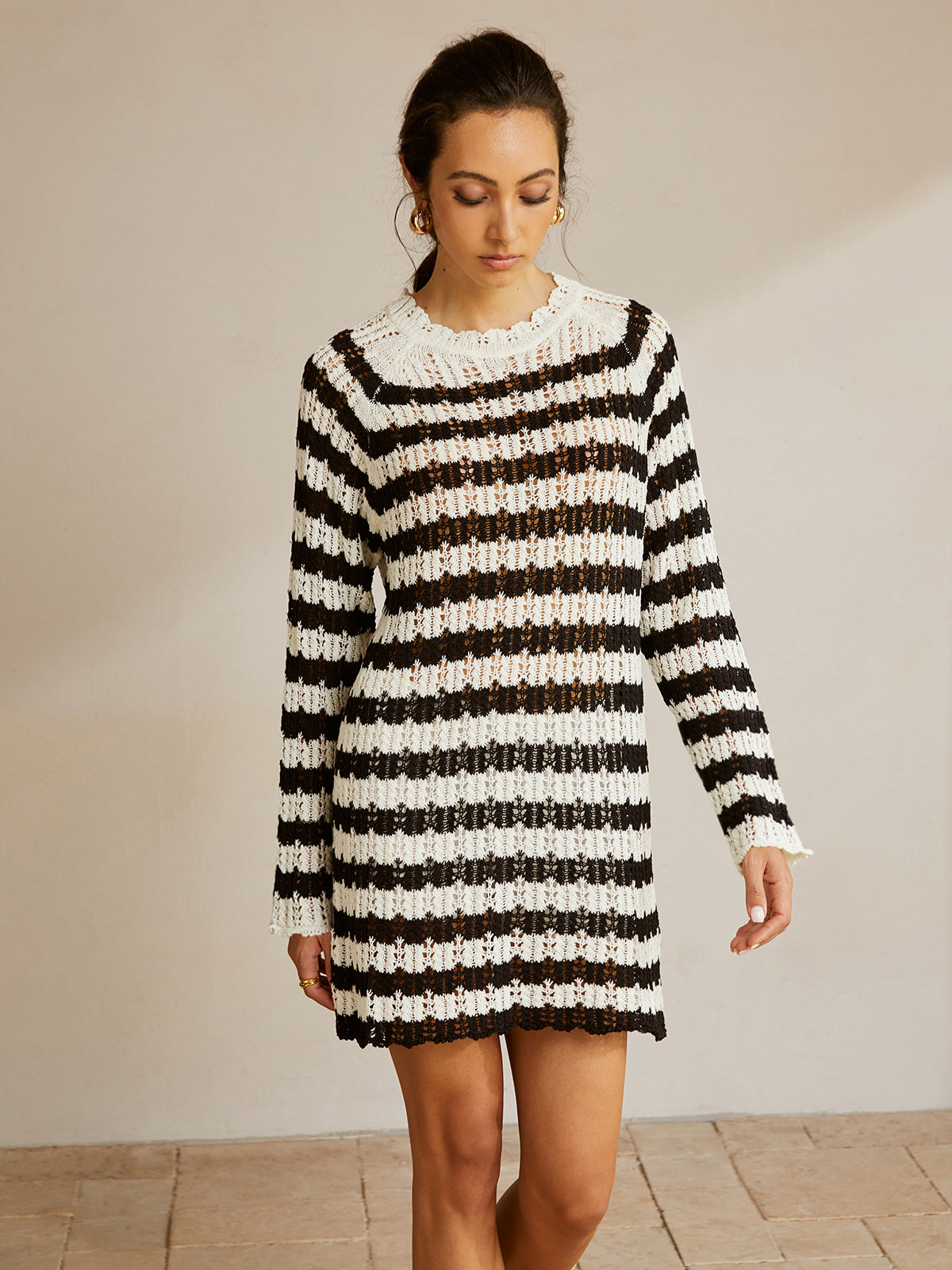 Robe pull rayée femme – Robe élégante en tricot pour automne hiver chic