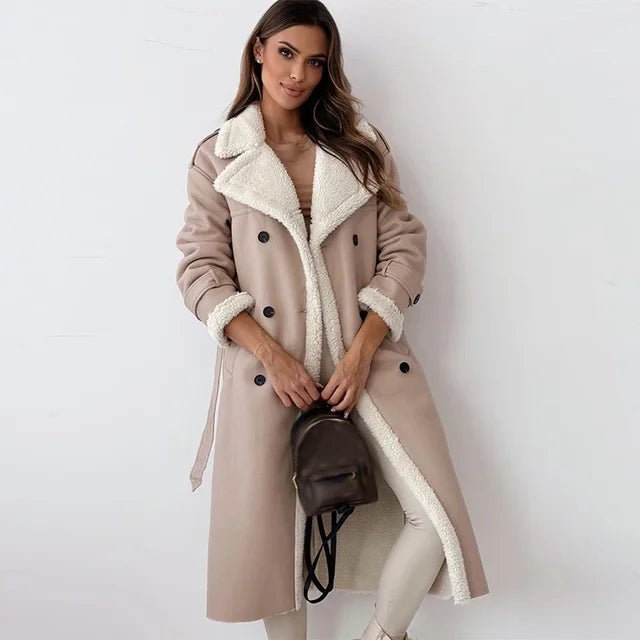 Manteau tendance femme – Manteau chaud en laine avec ceinture et poches