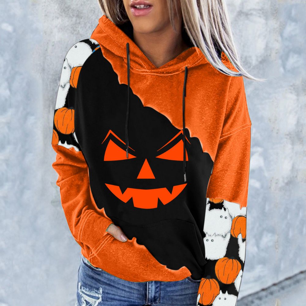 Pull Halloween femme – Sweat-shirt confortable avec motif citrouille et design festif