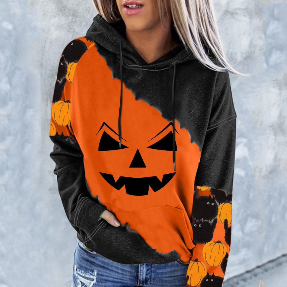 Pull Halloween femme – Sweat-shirt confortable avec motif citrouille et design festif