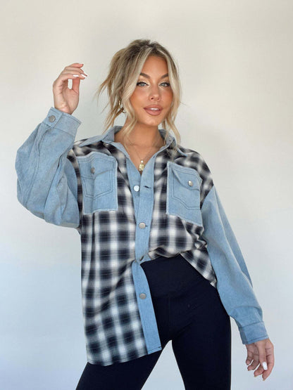 Chemise en denim femme – Chemise à carreaux chic avec patte de boutonnage