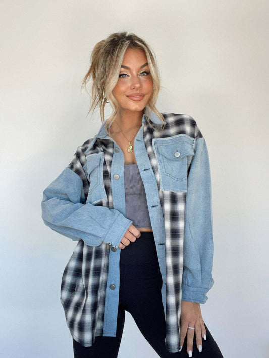 Chemise en denim femme – Chemise à carreaux chic avec patte de boutonnage