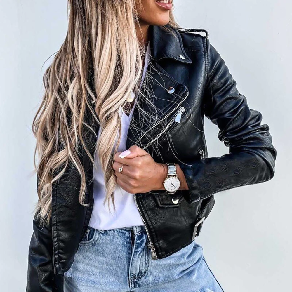 Veste de motard femme – Veste décontractée avec revers en cuir pour look tendance