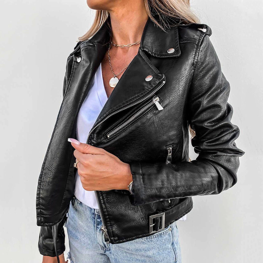 Veste de motard femme – Veste décontractée avec revers en cuir pour look tendance