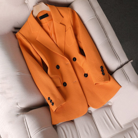 Women's Blazer Jacket – Double-Breasted Chic Office Wear in Elegant Fabric