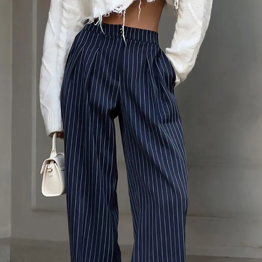 Pantalons rayés femme – Pantalon chic en coton léger à taille haute et ample