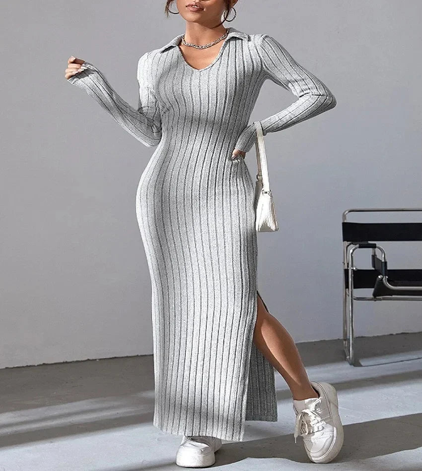 Robe midi femme en tricot côtelé – Robe élégante et confortable pour toutes occasions