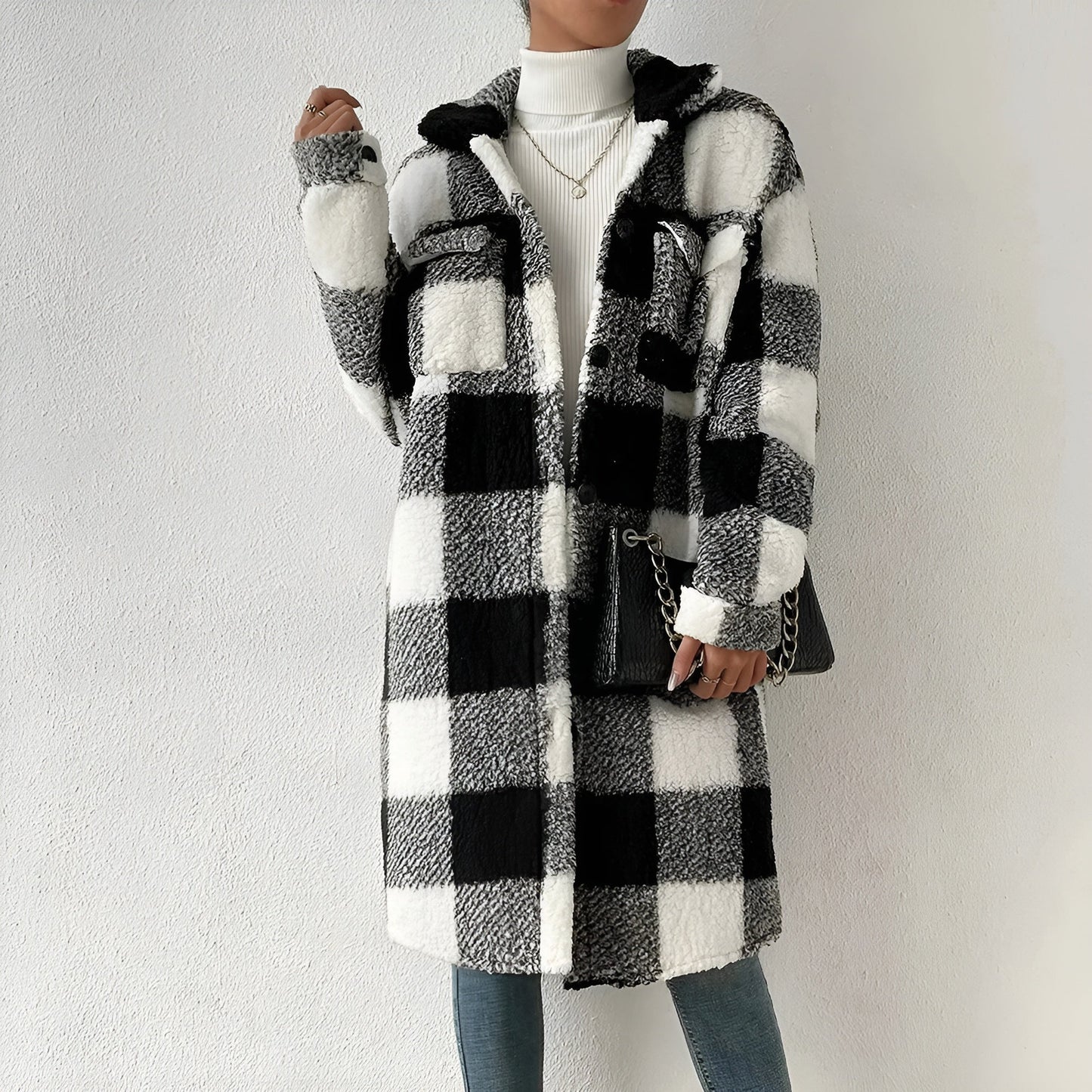 Manteau long femme – Manteau à carreaux élégant et chaud pour l'hiver