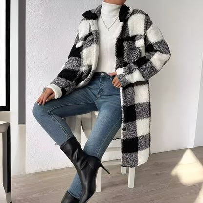 Manteau long femme – Manteau à carreaux élégant et chaud pour l'hiver