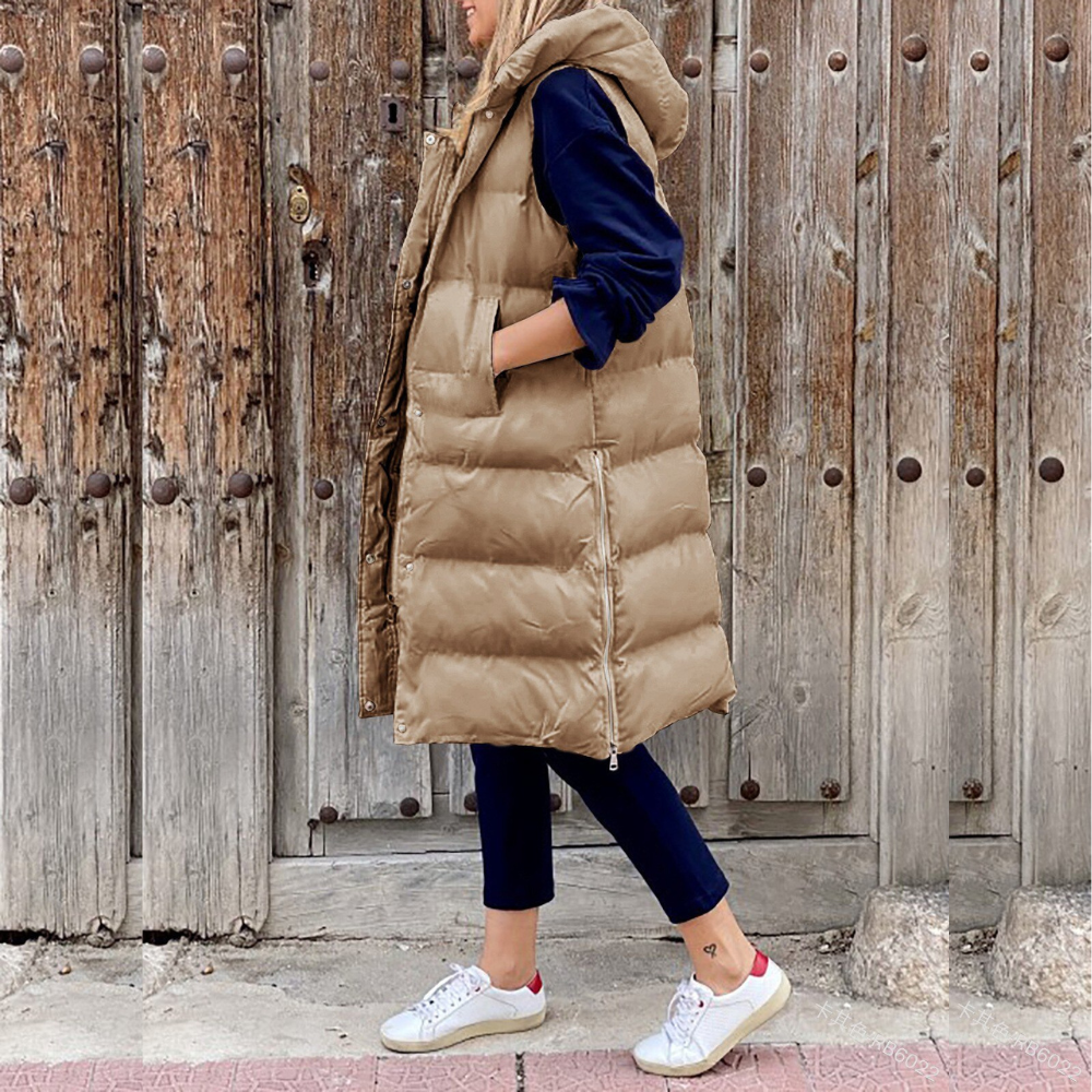 Gilet long matelassé femme – Gilet avec capuche tendance et chaud pour l'hiver