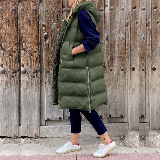 Gilet long matelassé femme – Gilet avec capuche tendance et chaud pour l'hiver