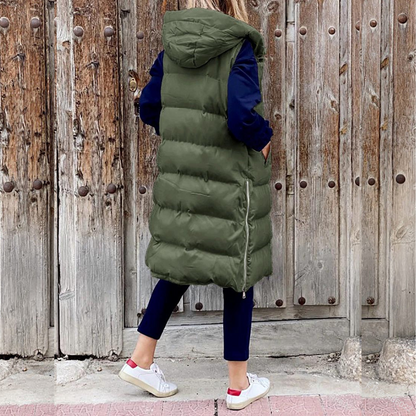 Gilet long matelassé femme – Gilet avec capuche tendance et chaud pour l'hiver