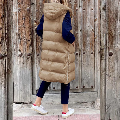 Gilet long matelassé femme – Gilet avec capuche tendance et chaud pour l'hiver