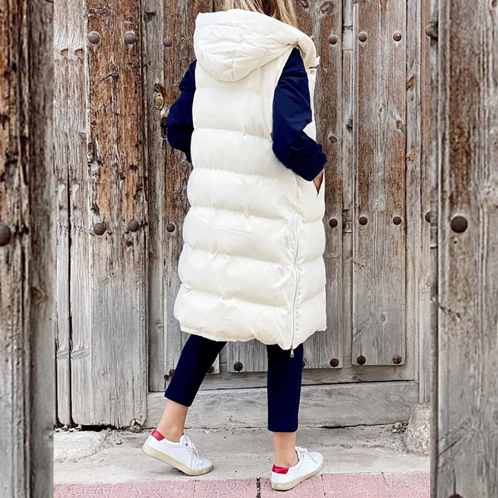 Gilet long matelassé femme – Gilet avec capuche tendance et chaud pour l'hiver