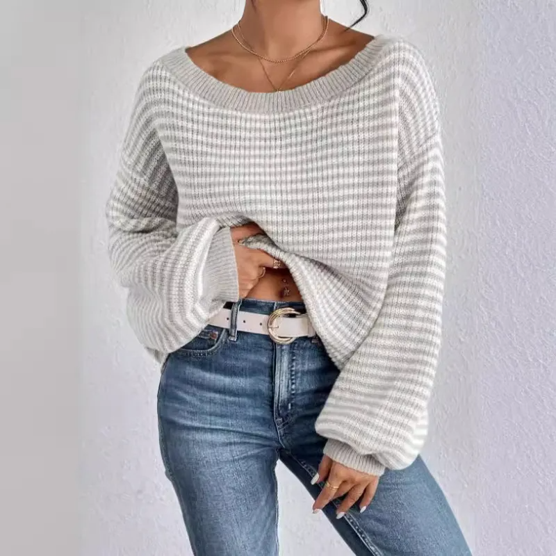 Pull tricoté à rayures femme – Pull élégant en coton doux à manches longues