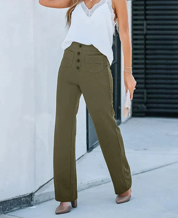 Pantalon Taille Haute Femme – Pantalon chic avec Boutons à l'Avant et Confortable