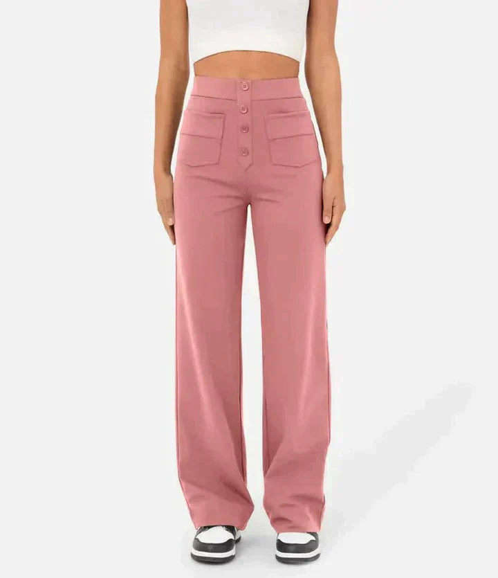 Pantalon Taille Haute Femme – Pantalon chic avec Boutons à l'Avant et Confortable