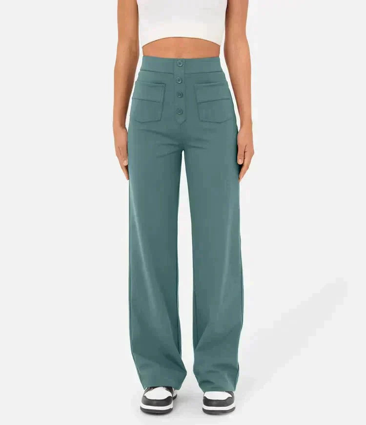 Pantalon Taille Haute Femme – Pantalon chic avec Boutons à l'Avant et Confortable