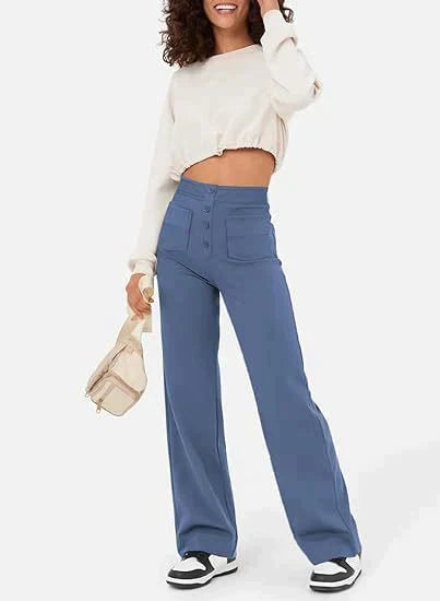 Pantalon Taille Haute Femme – Pantalon chic avec Boutons à l'Avant et Confortable