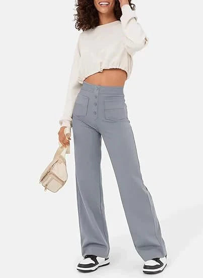 Pantalon Taille Haute Femme – Pantalon chic avec Boutons à l'Avant et Confortable