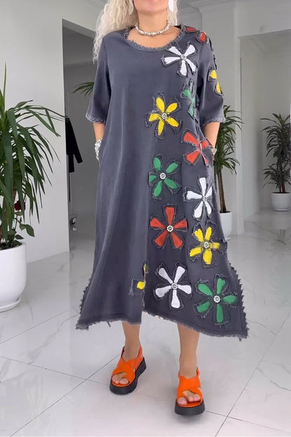 Robe fleuri femme – Robe à col rond élégante pour été et occasions spéciales