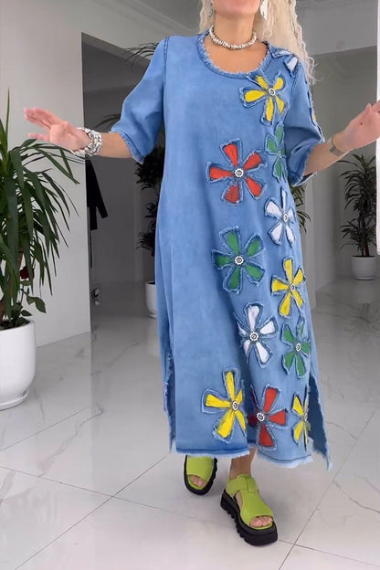 Robe fleuri femme – Robe à col rond élégante pour été et occasions spéciales