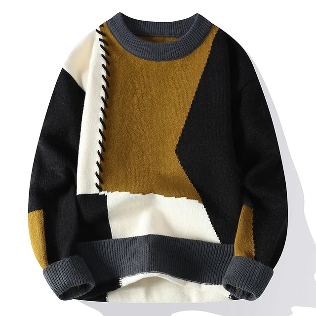 Pull patchwork homme – Pull en tricot coloré à motifs tendance et décontracté